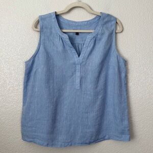 ❌SOLD❌Talbots 100% Linen Heathered Blue Split Neck Sleeveless Top, Sz Large